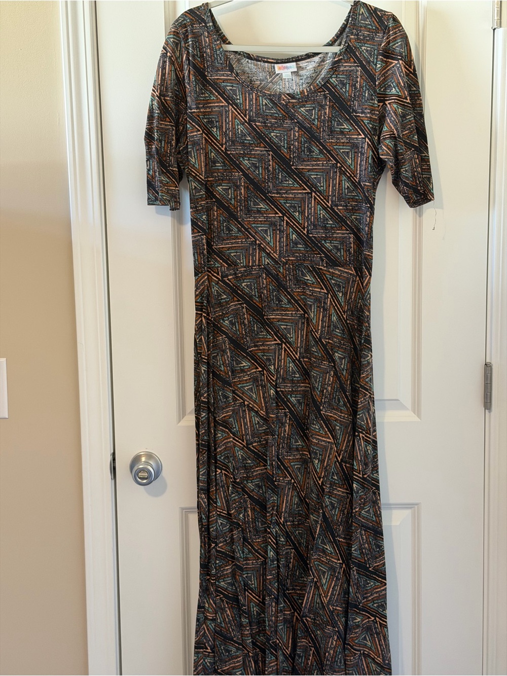 LuLaRoe Geometric Maxi Dress in Brown and Teal